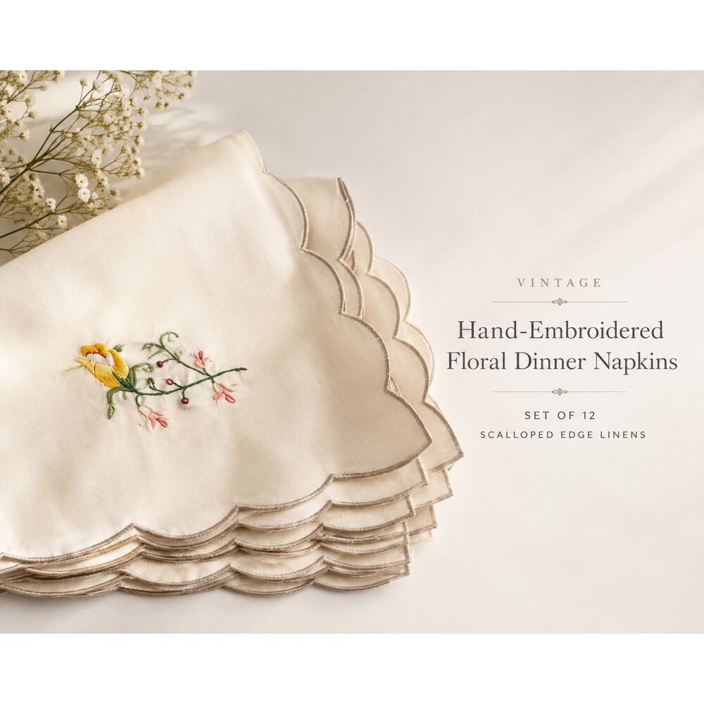 Vintage Hand Embroidered Floral Dinner Napkins Set 12 Scalloped Linen